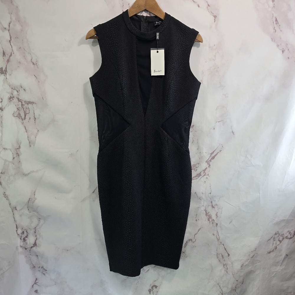 Bardot Dress Womens 8 Medium Black Reptile Snake Mesh Cut Out Mock Slit Sheath